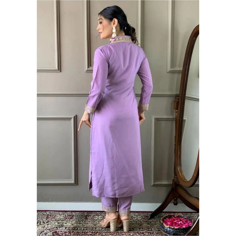 Women's Roman Silk Embroidery 3-4th Sleeve V-Neck Kurti With Pant Dupatta Set (Lavender)