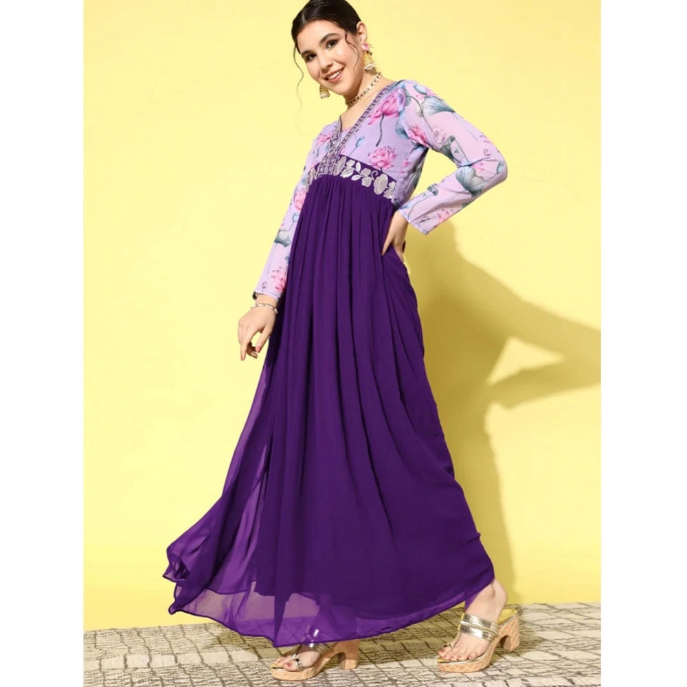Women's Georgette Embroidery 3-4th Sleeve V-Neck Kurti (Purple)