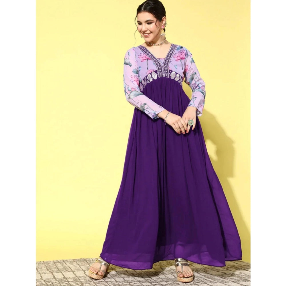 Women's Georgette Embroidery 3-4th Sleeve V-Neck Kurti (Purple)