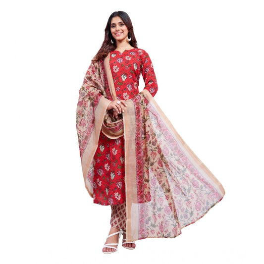Women's Cotton Blend Printed Kurti With Pant Dupatta Set (Red)