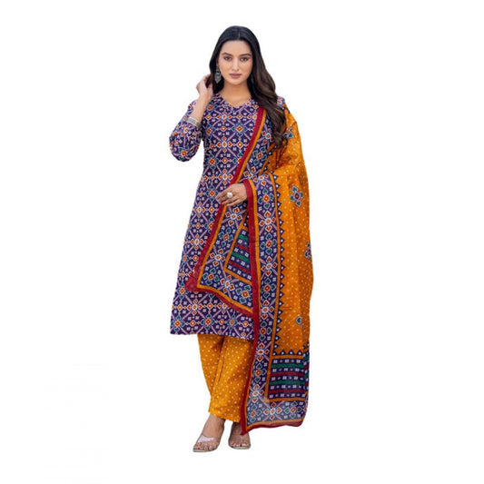 Women's Cotton Blend Printed Kurti With Pant Dupatta Set (Navy Blue)