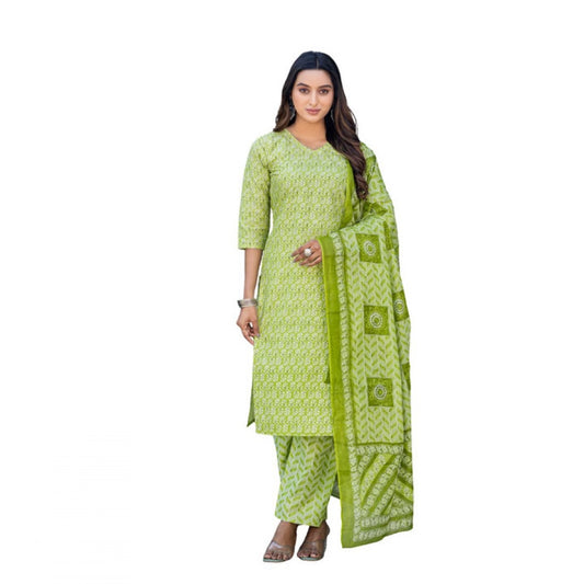 Women's Cotton Blend Printed Kurti With Pant Dupatta Set (Parrot)