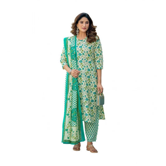Women's Cotton Blend Printed Kurti With Pant Dupatta Set (Pista)