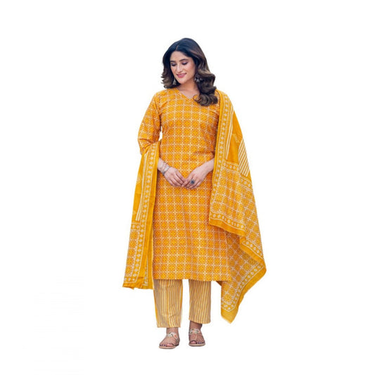 Women's Cotton Blend Printed Kurti With Pant Dupatta Set (Yellow)