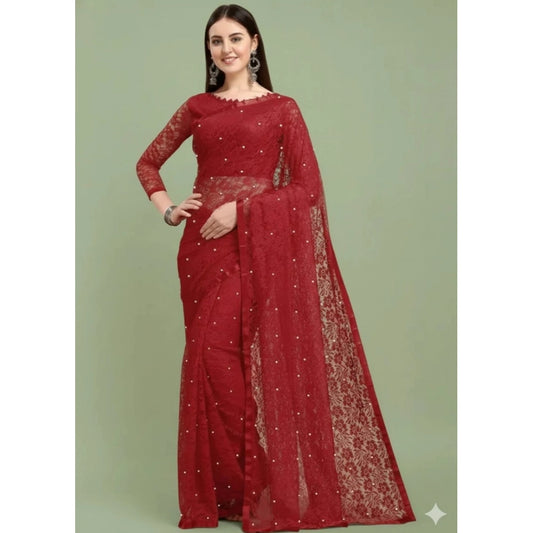 Women's Net Self Design Saree With Unstitched Blouse 5.5Mtr (Maroon)