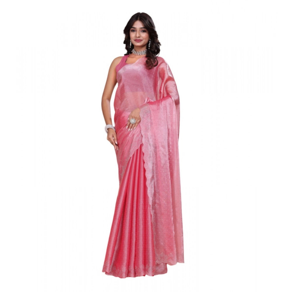 Women's Jimmy choo Embellished Bollywood Saree With Unstitched Blouse 5.5Mtr (Pink)