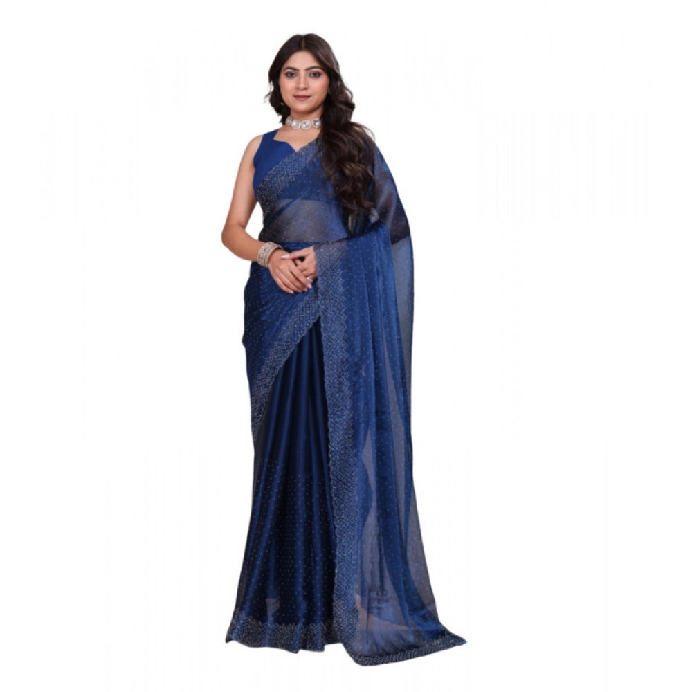 Women's Jimmy choo Embellished Bollywood Saree With Unstitched Blouse 5.5Mtr (Blue)