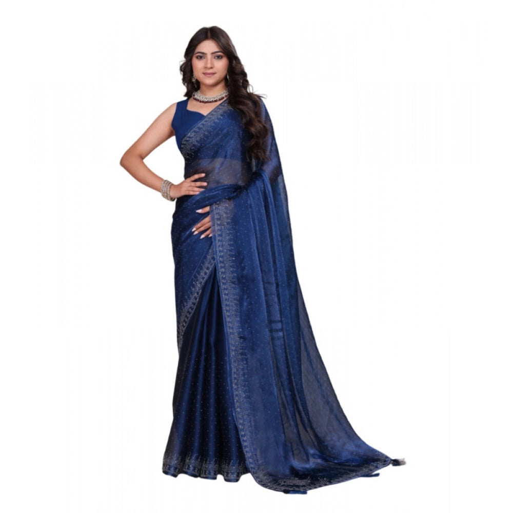 Women's Jimmy choo Embellished Bollywood Saree With Unstitched Blouse 5.5Mtr (Blue)
