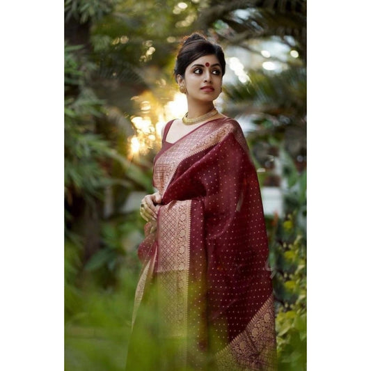 Women's Litchi silk Printed Saree With Unstitched Blouse (Maroon)