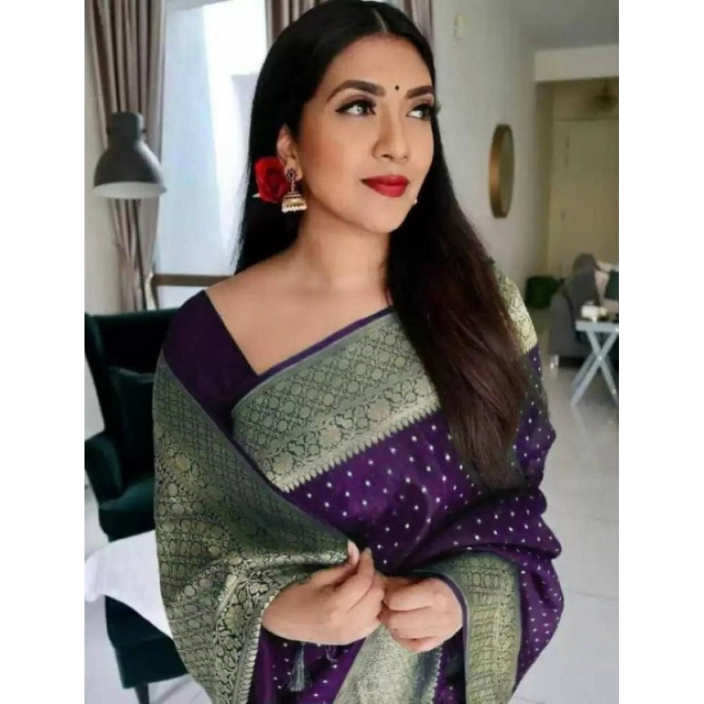 Women's Litchi silk Printed Saree With Unstitched Blouse (Purple)