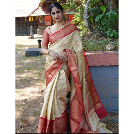 Women's Litchi silk Printed Saree With Unstitched Blouse (Beige)