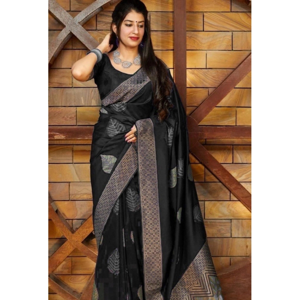 Women's Litchi silk Printed Saree With Unstitched Blouse (Black)