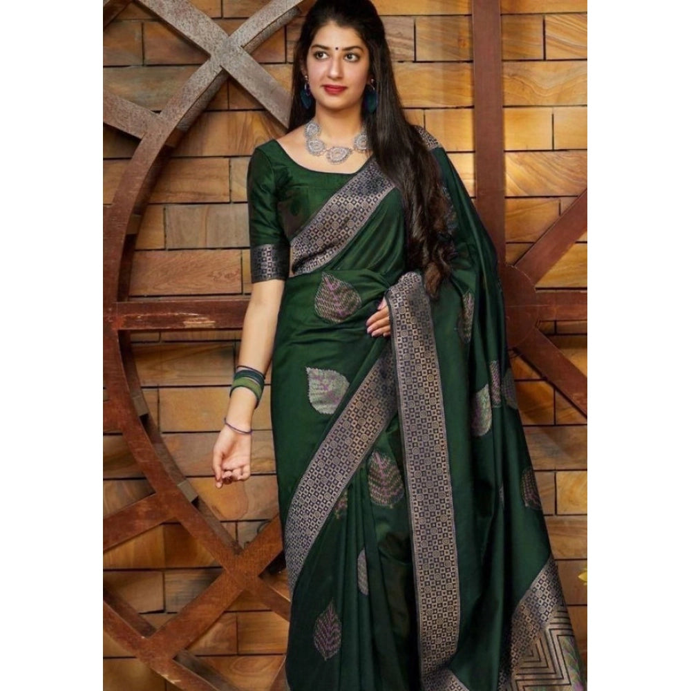 Women's Litchi silk Printed Saree With Unstitched Blouse (Green)
