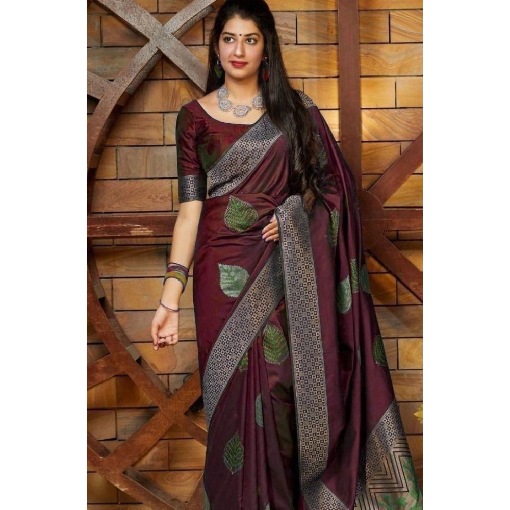 Women's Litchi silk Printed Saree With Unstitched Blouse (Maroon)