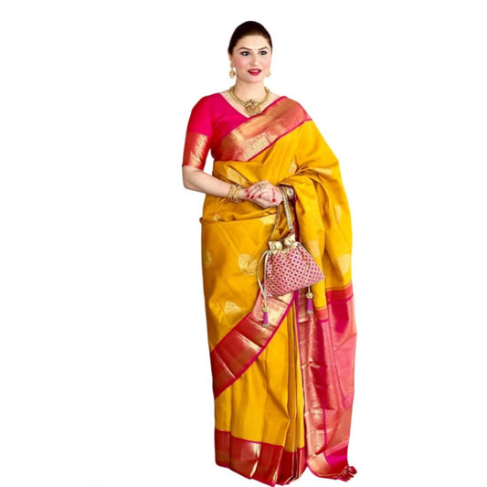Women's Litchi silk Printed Saree With Unstitched Blouse (Yellow)