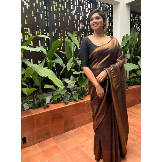 Women's Litchi silk Printed Saree With Unstitched Blouse (Gold)