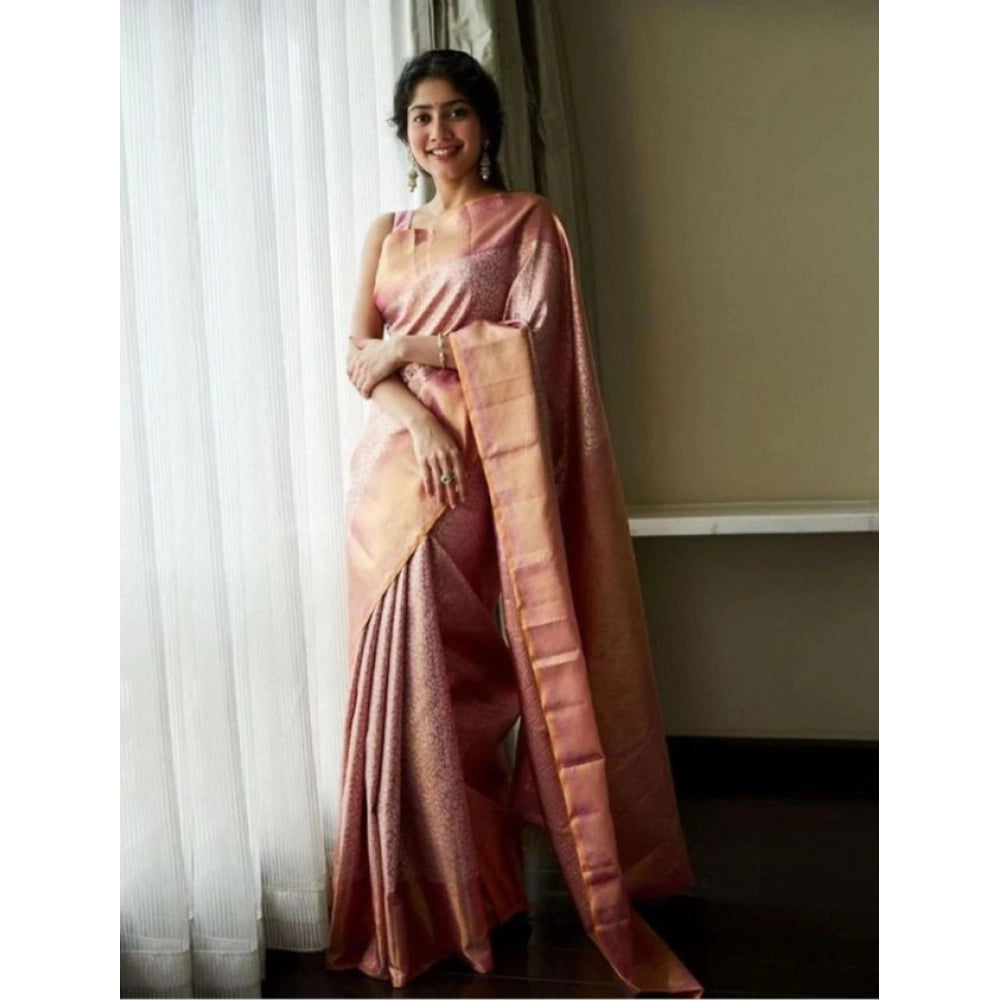 Women's Litchi silk Printed Saree With Unstitched Blouse (Light Pink)