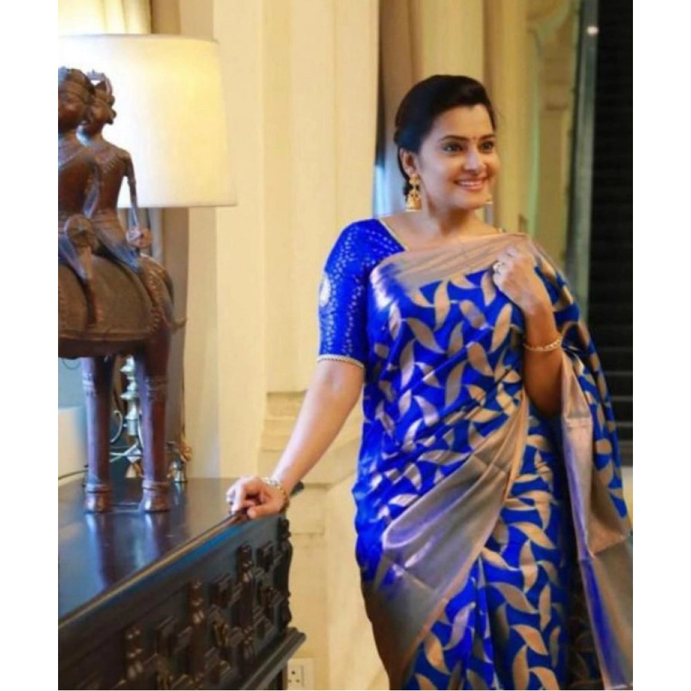 Women's Litchi silk Printed Saree With Unstitched Blouse (Blue)