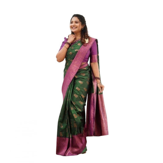 Women's Litchi silk Printed Saree With Unstitched Blouse (Green)