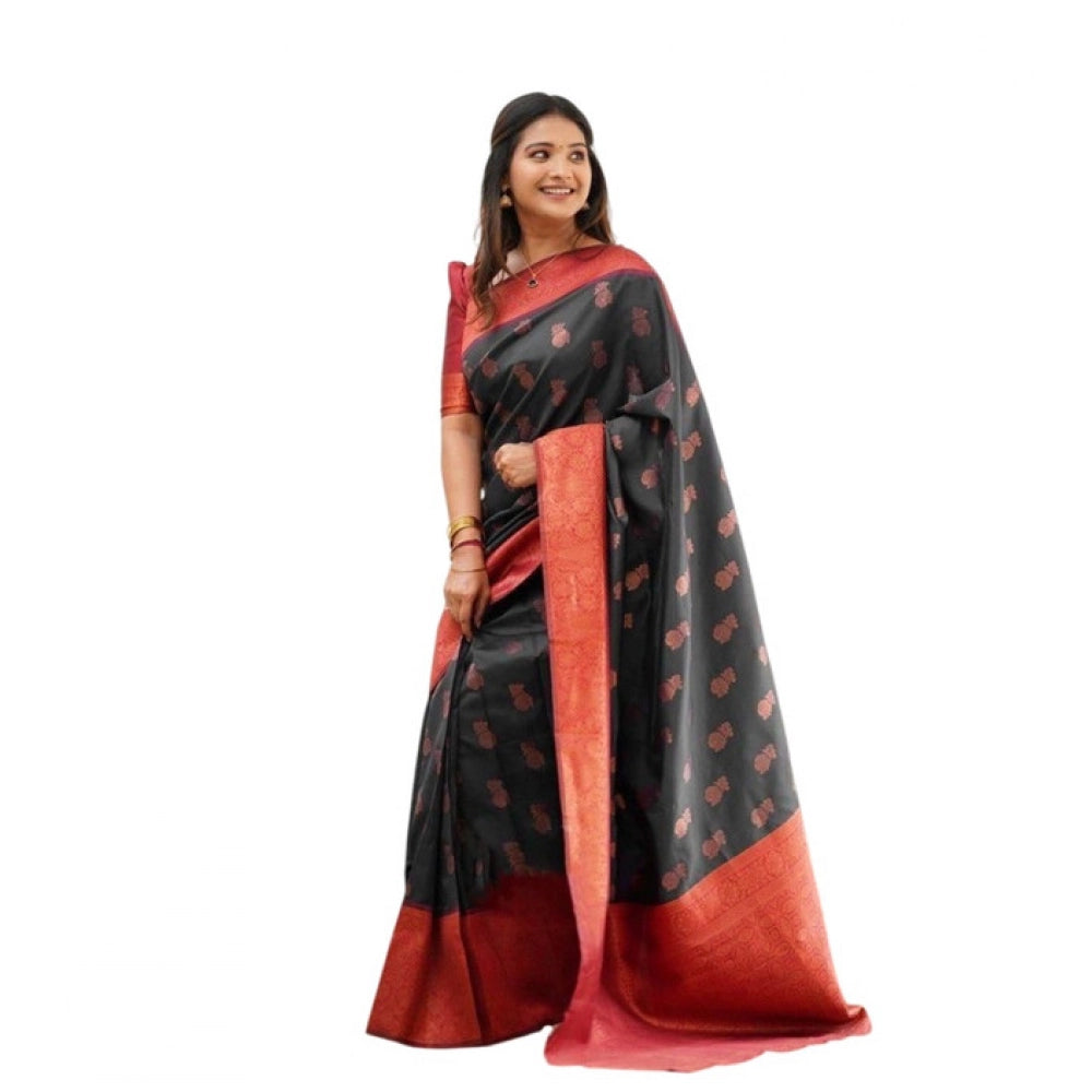 Women's Litchi silk Printed Saree With Unstitched Blouse (Grey)