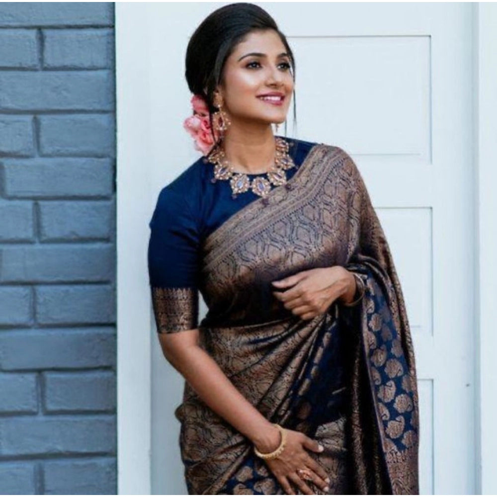 Women's Litchi silk Printed Saree With Unstitched Blouse (Blue)