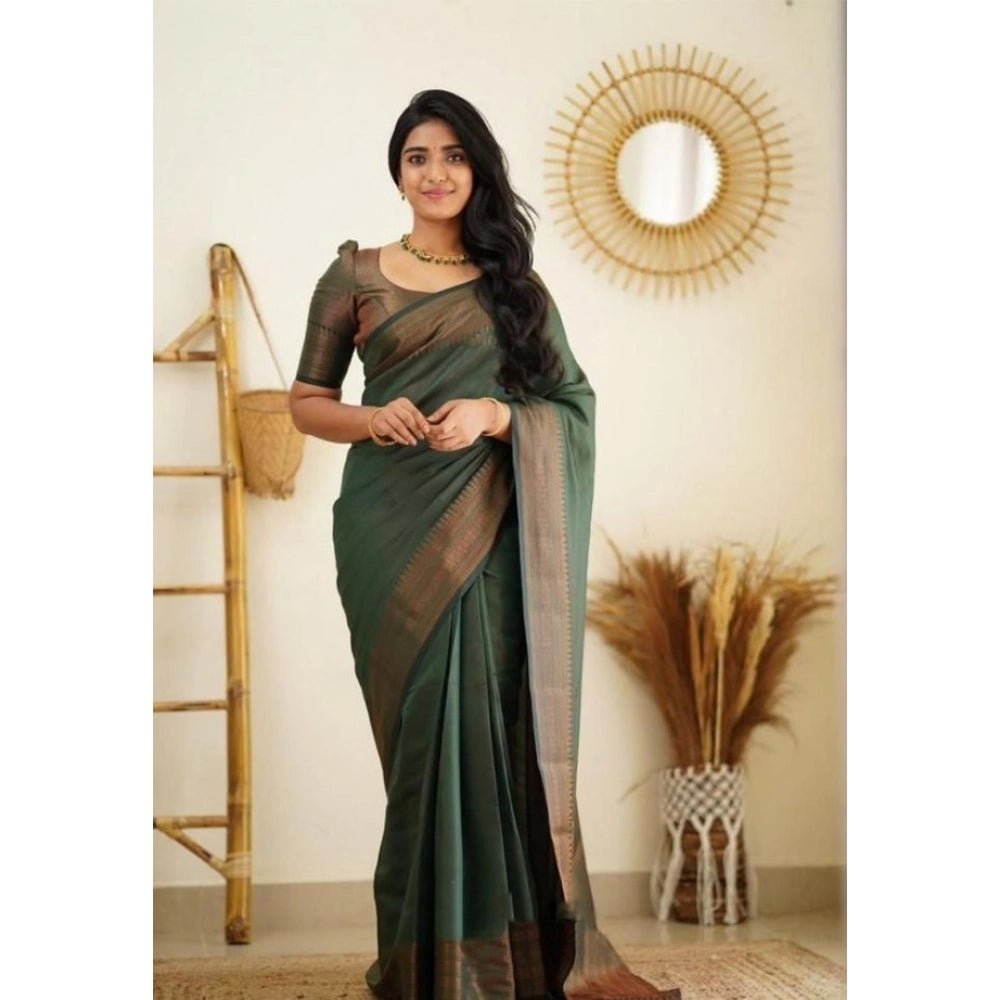 Women's Litchi silk Printed Saree With Unstitched Blouse (Green)