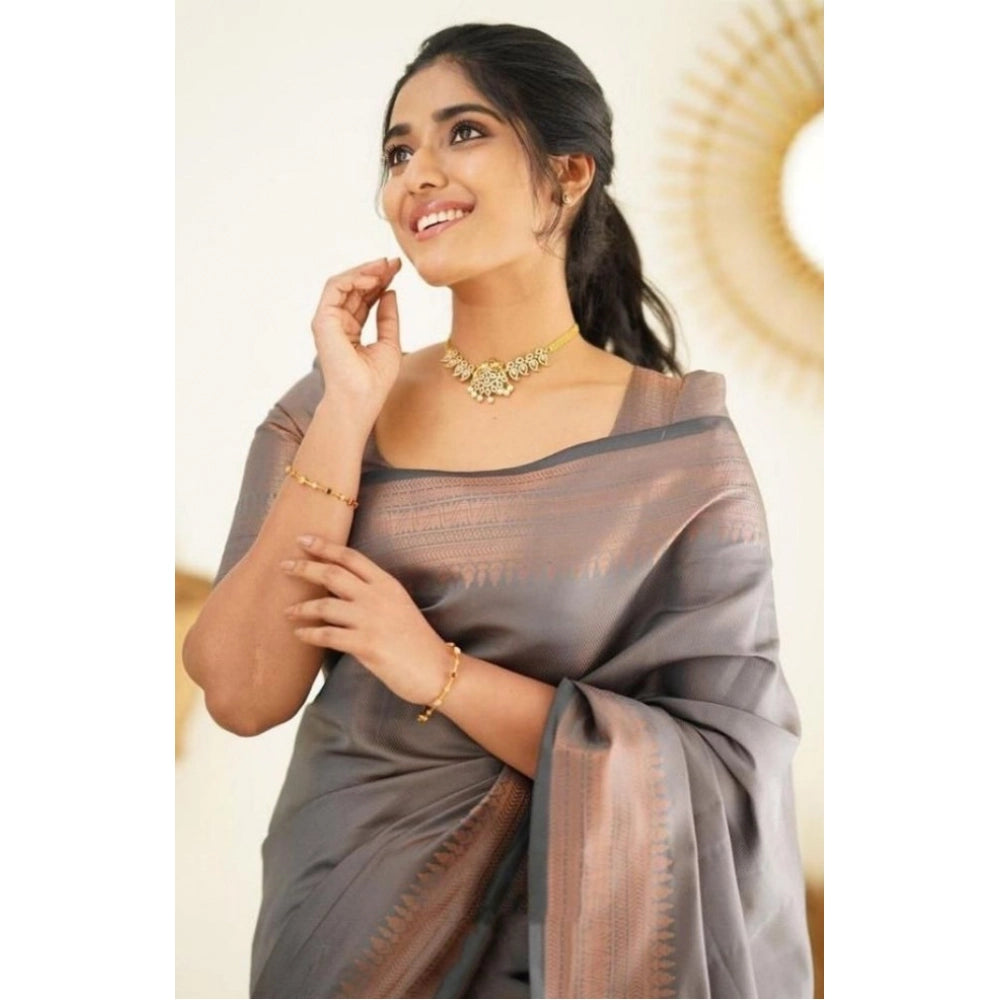 Women's Litchi silk Printed Saree With Unstitched Blouse (Grey)