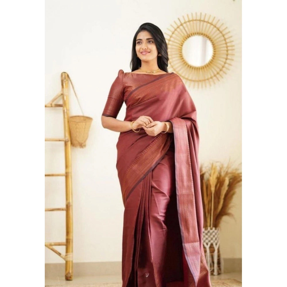 Women's Litchi silk Printed Saree With Unstitched Blouse (Maroon)