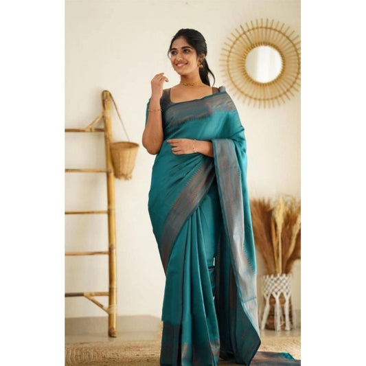 Women's Litchi silk Printed Saree With Unstitched Blouse (Rama Blue)