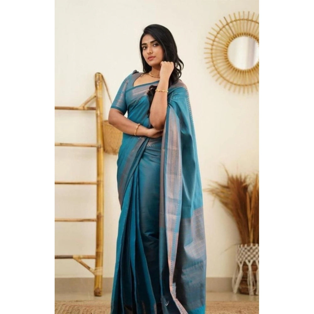 Women's Litchi silk Printed Saree With Unstitched Blouse (Rama Blue)