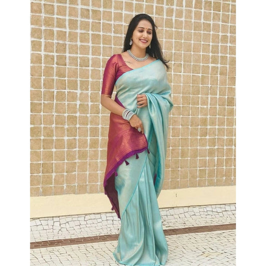 Women's Litchi silk Printed Saree With Unstitched Blouse (Blue)
