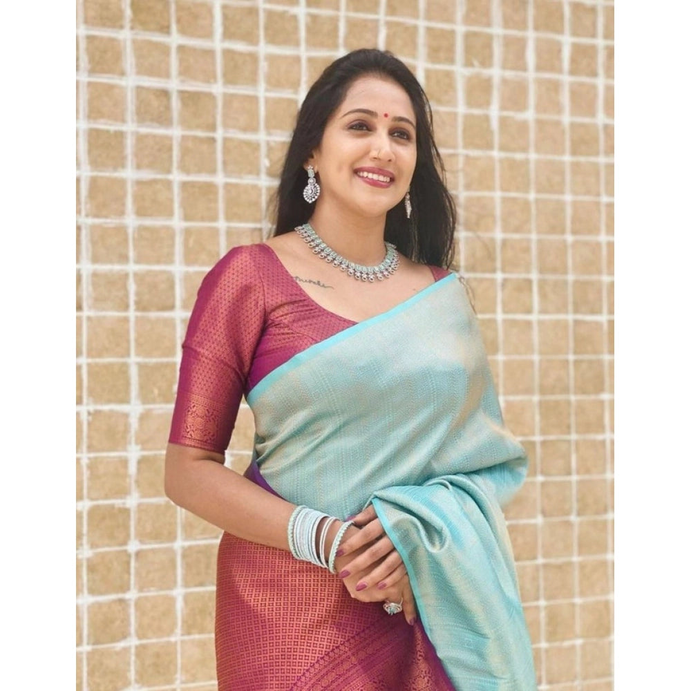 Women's Litchi silk Printed Saree With Unstitched Blouse (Blue)