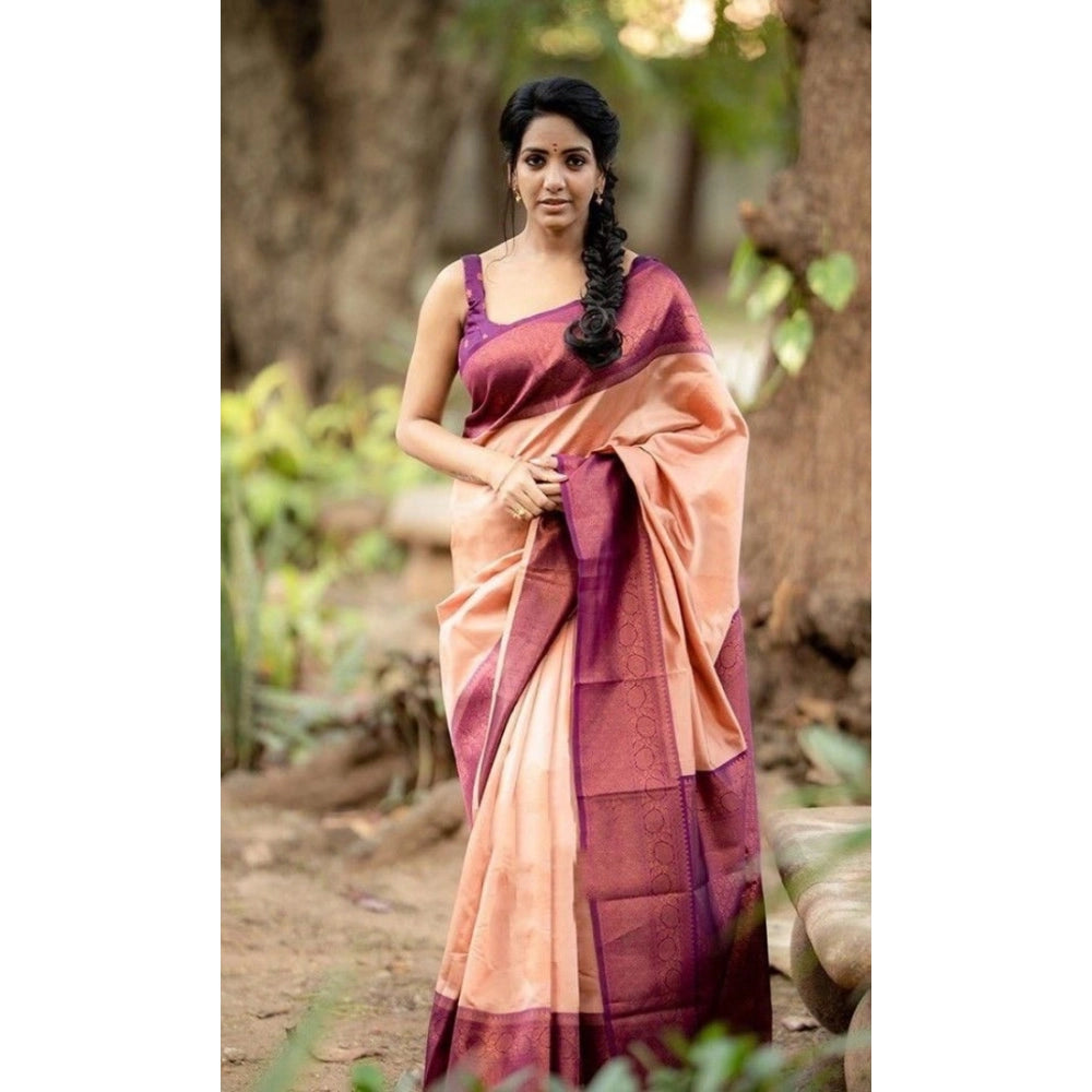 Women's Litchi silk Printed Saree With Unstitched Blouse (Beige)