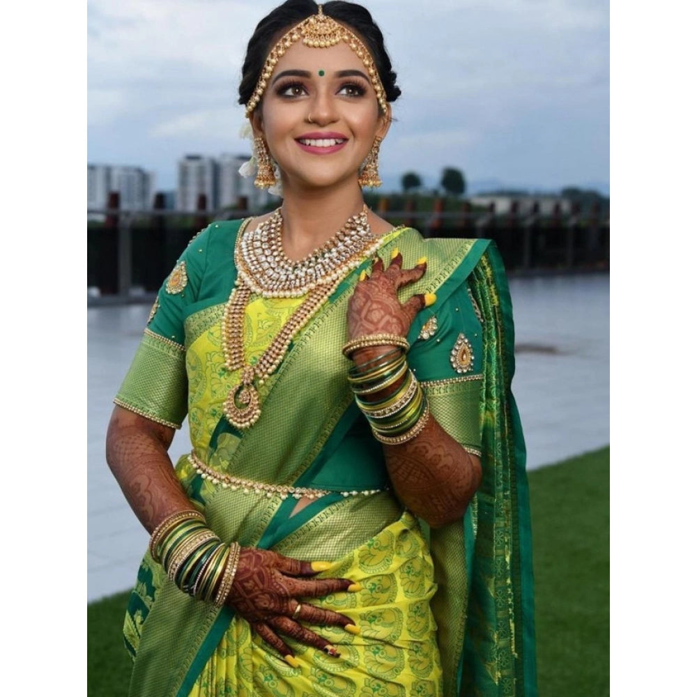 Women's Litchi silk Printed Saree With Unstitched Blouse (Light Green)