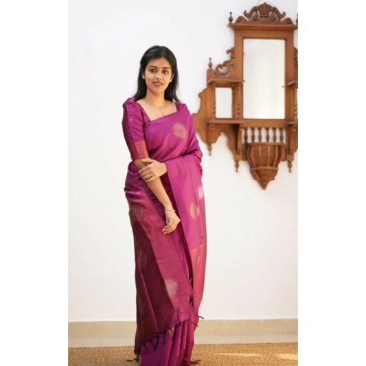 Women's Litchi silk Printed Saree With Unstitched Blouse (Dark Pink)