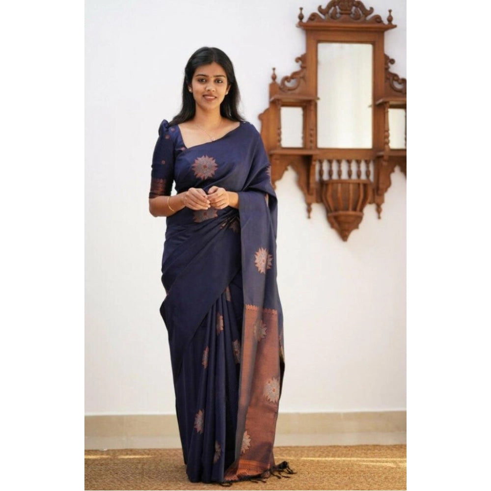 Women's Litchi silk Printed Saree With Unstitched Blouse (Dark Blue)