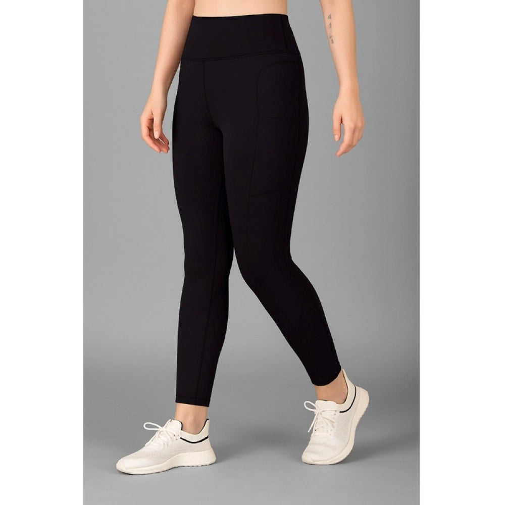 Women's Polyester Solid Ankle length High Waisted Tights (Black)