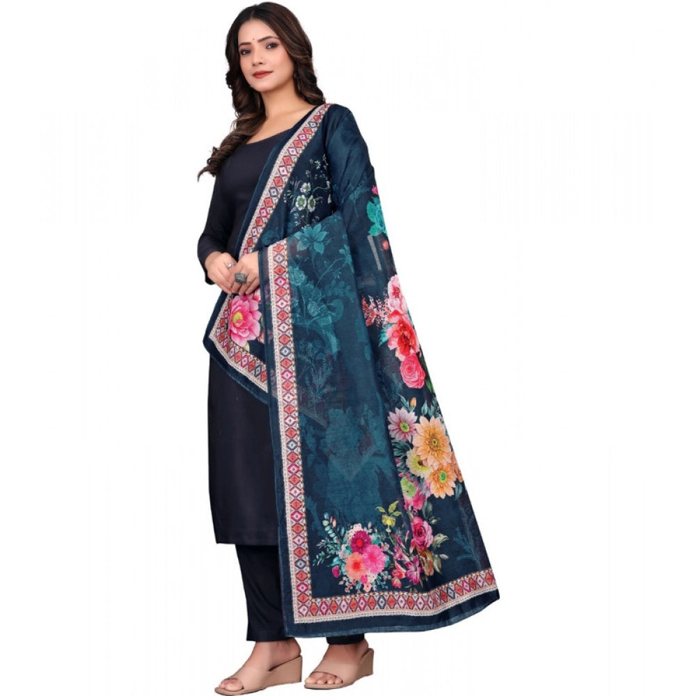 Women's chanderi silk  Printed Dupatta (Navy Blue, Length: 2 Mtr)