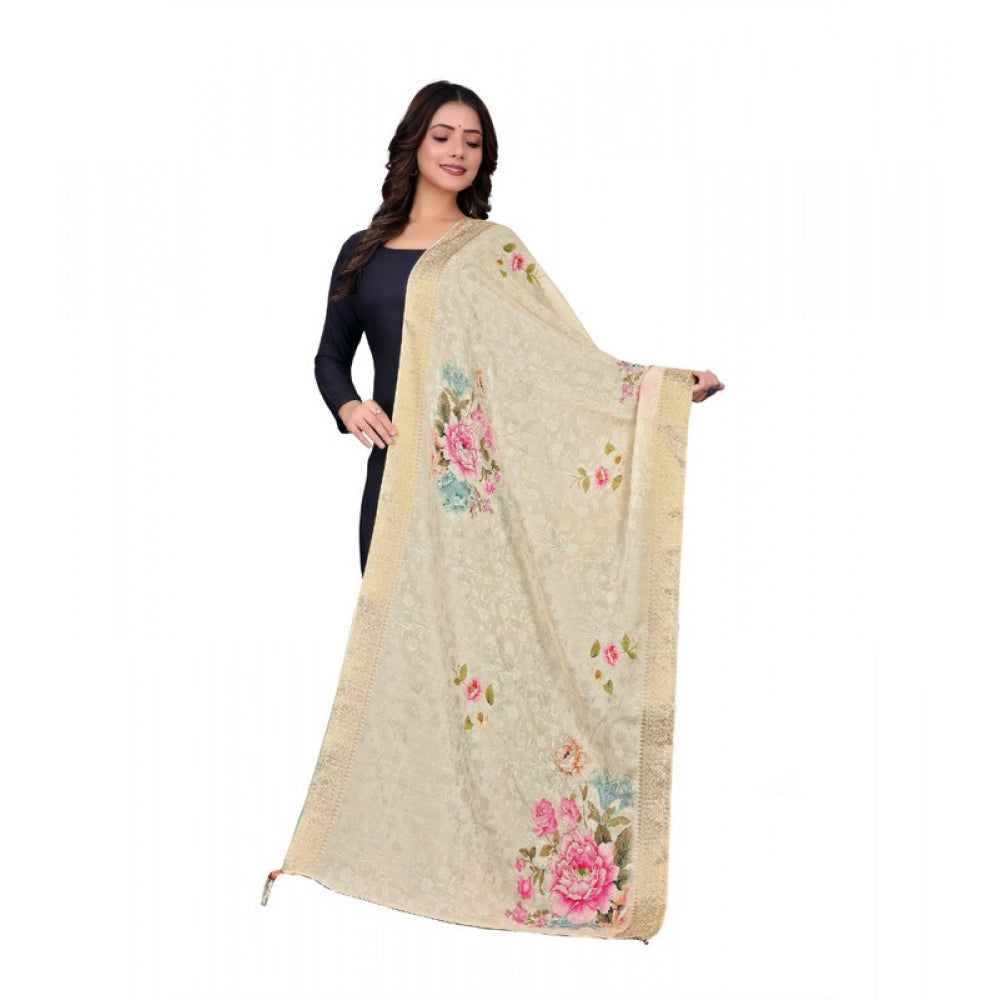 Women's chanderi silk  Printed Dupatta (Beige, Length: 2 Mtr)
