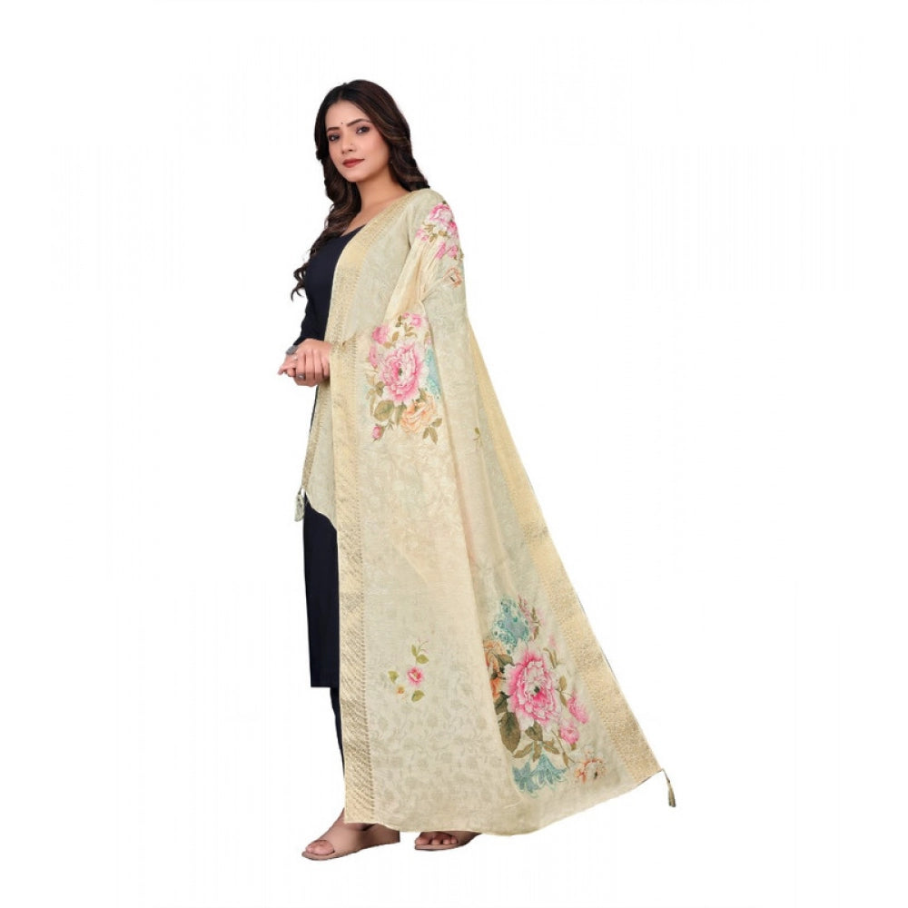 Women's chanderi silk  Printed Dupatta (Beige, Length: 2 Mtr)