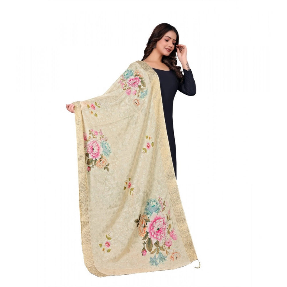 Women's chanderi silk  Printed Dupatta (Beige, Length: 2 Mtr)