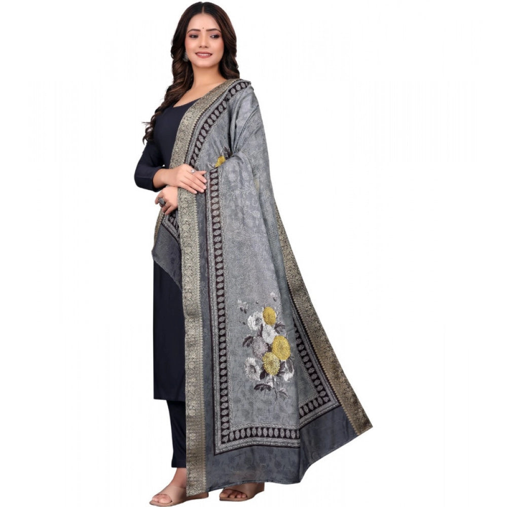 Women's chanderi silk  Printed Dupatta (Gray, Length: 2 Mtr)