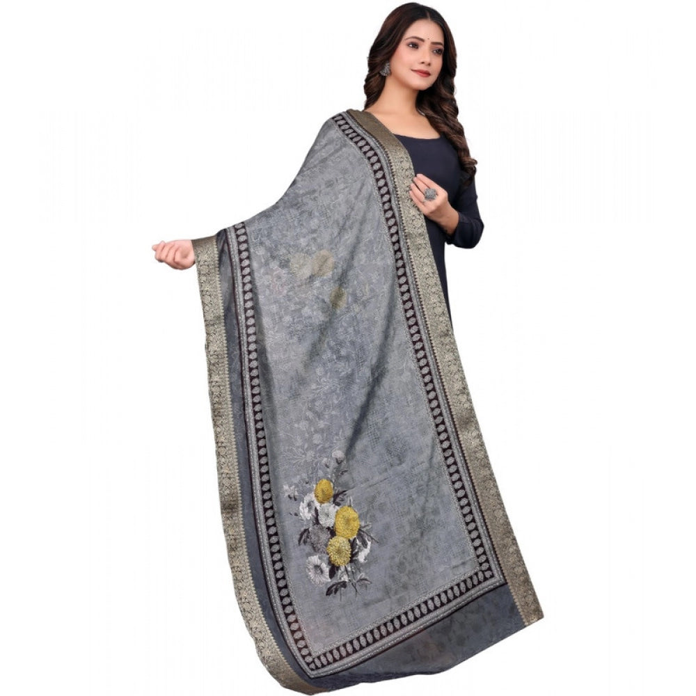 Women's chanderi silk  Printed Dupatta (Gray, Length: 2 Mtr)