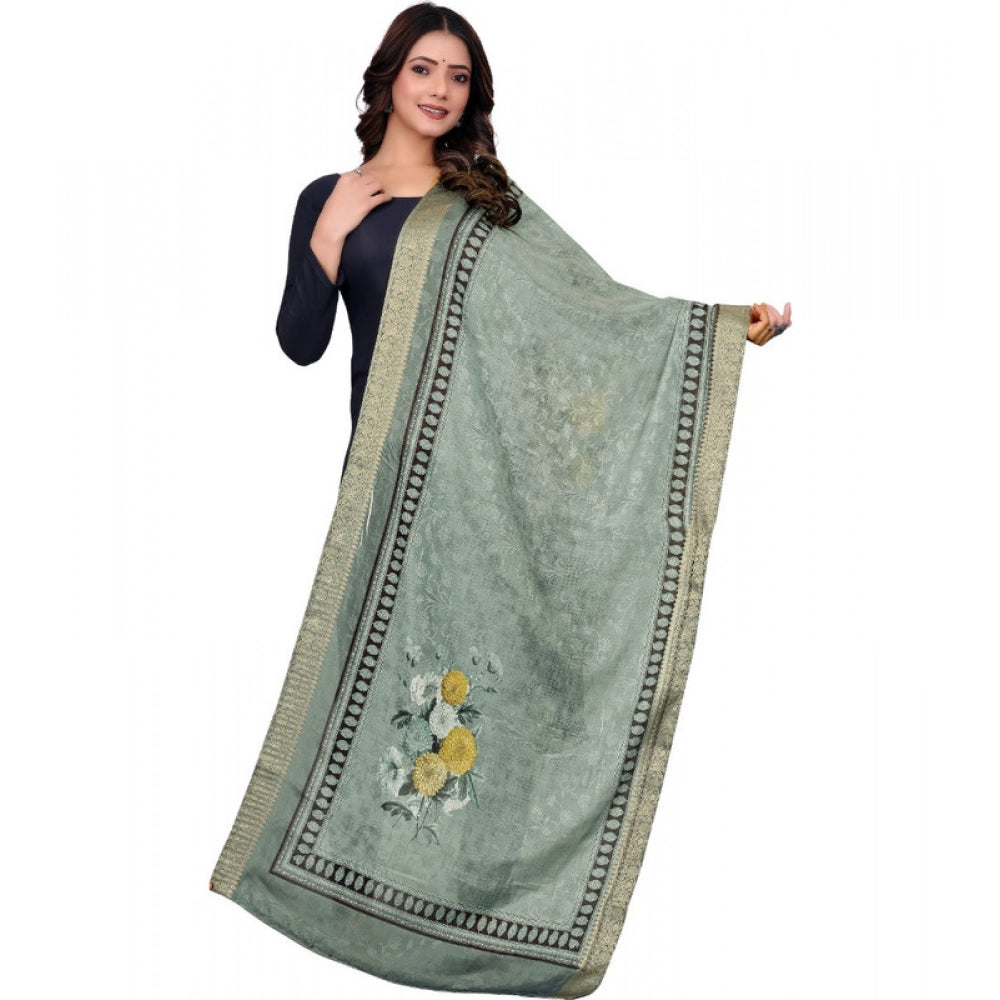 Women's chanderi silk  Printed Dupatta (Green, Length: 2 Mtr)