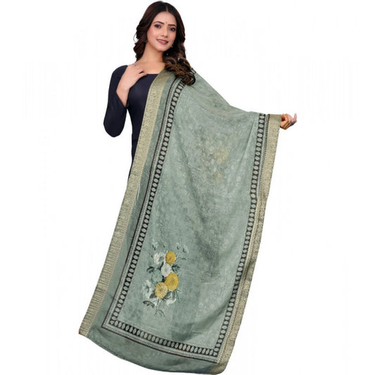 Women's chanderi silk  Printed Dupatta (Green, Length: 2 Mtr)
