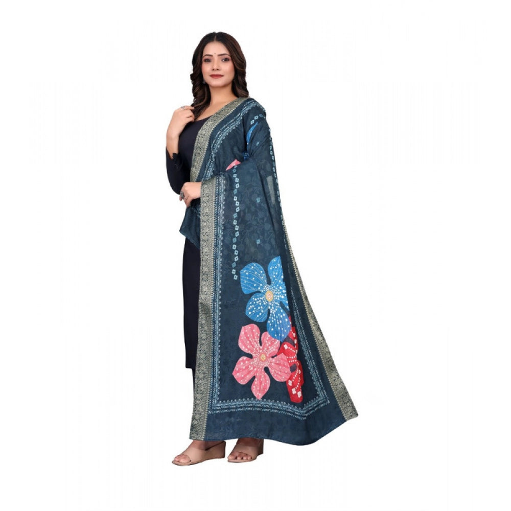 Women's chanderi silk  Printed Dupatta (Navy Blue, Length: 2 Mtr)
