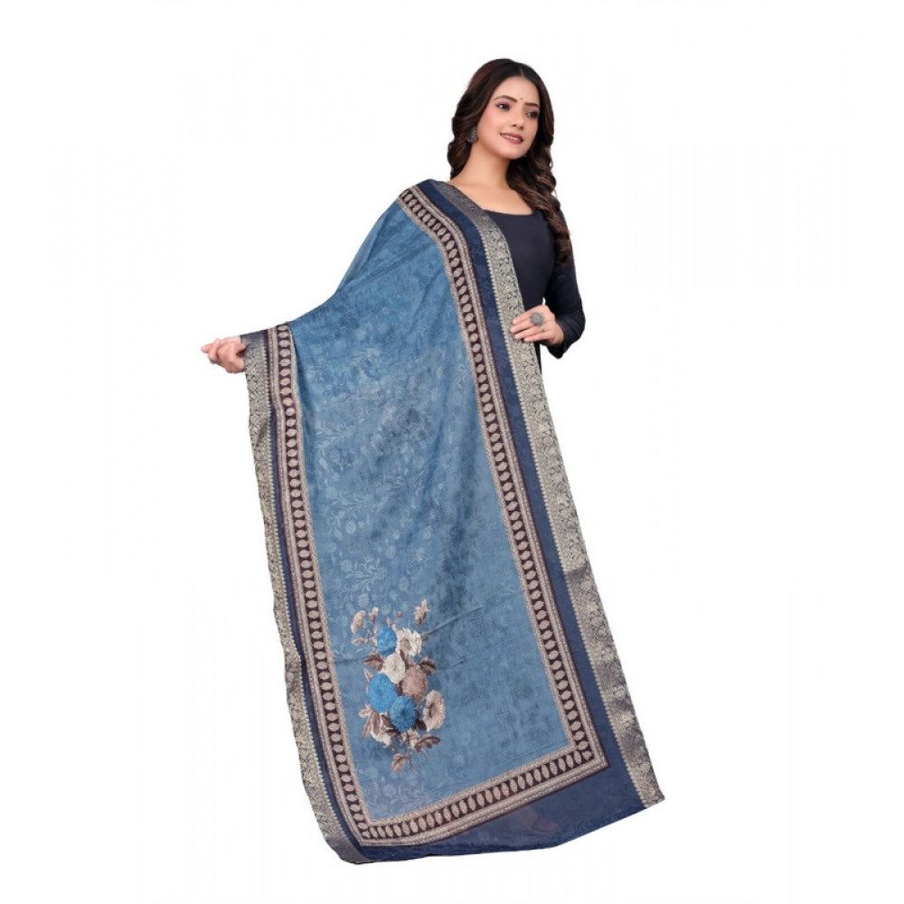 Women's chanderi silk  Printed Dupatta (Navy Blue, Length: 2 Mtr)