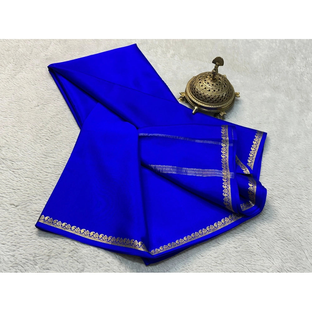 Women's Crepe Chit Pallu Solid Saree With Unstitched Blouse 5.5Mtr (Blue)