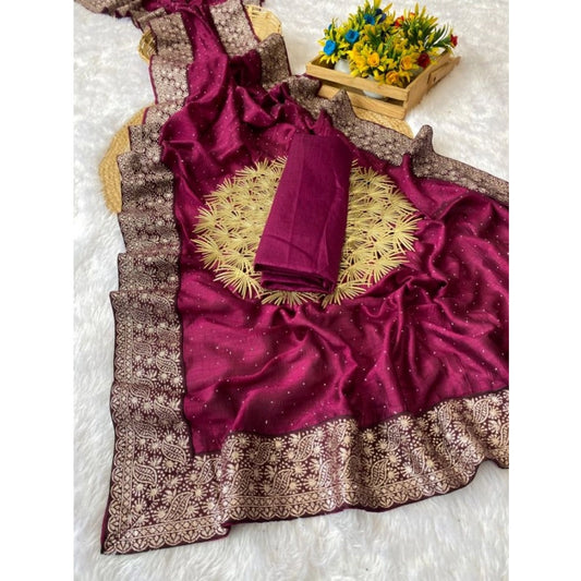 Women's Silk Embroidred Saree With Unstitched Blouse 5.5Mtr (Purple)