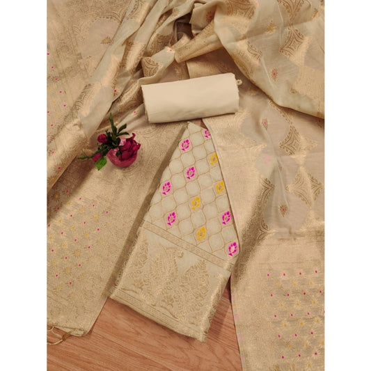 Women's Banarasi Silk Printed Unstitched Salwar Suit Material With Dupatta (Cream, 3Mtrs)